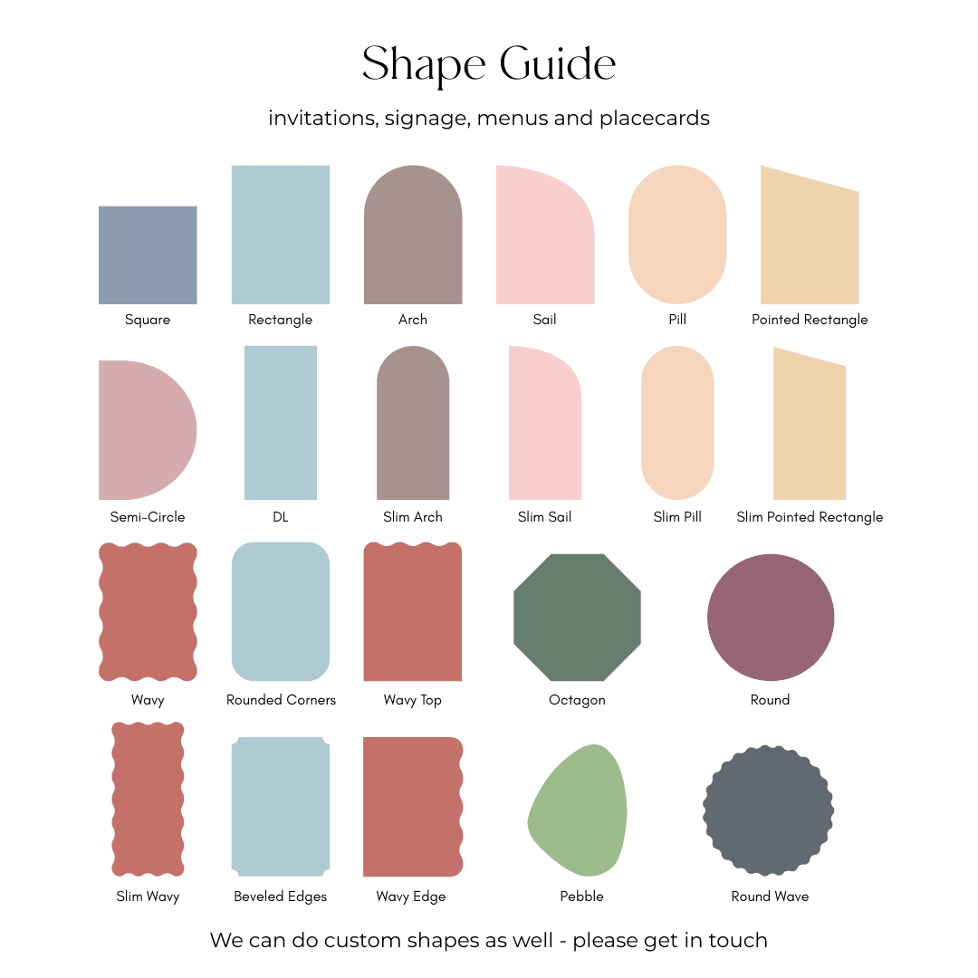 Shape Guide for Invitations, Signage, Menus and Placecards
